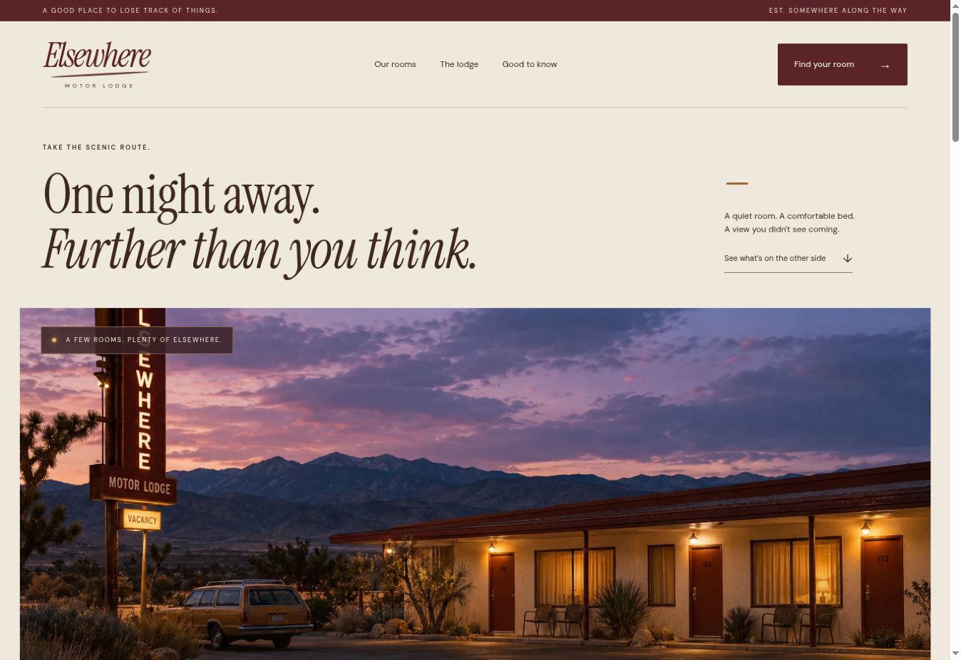 Elsewhere Motor Lodge website homepage with its wordmark, headline and desert motel