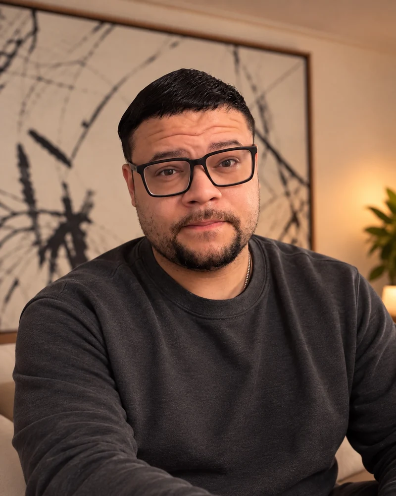 Jordan Sandrini-Cooke wearing black glasses and a dark crewneck.