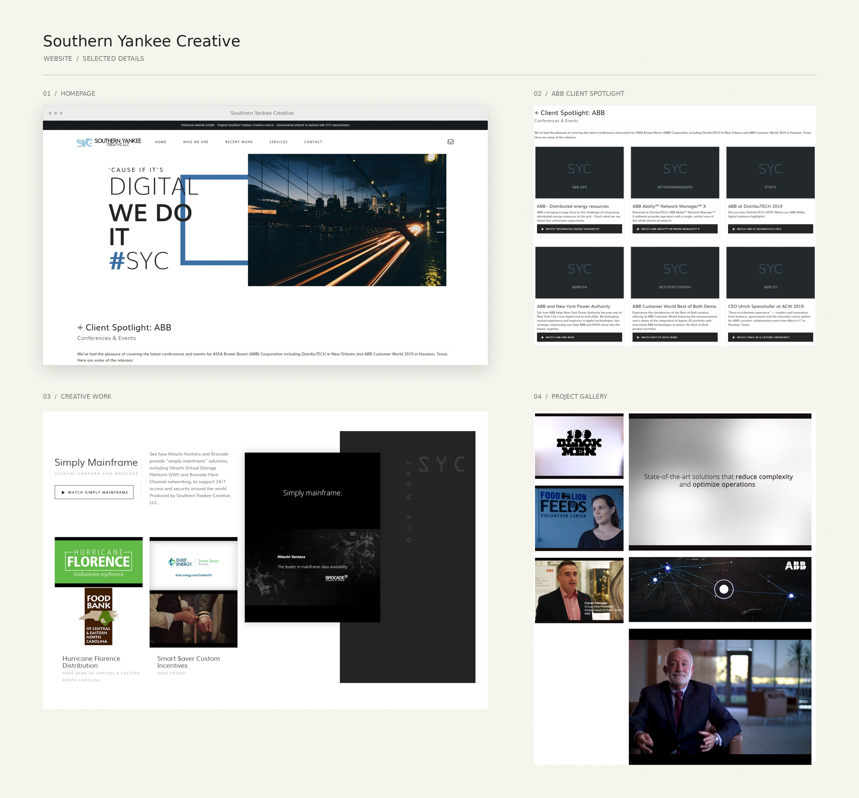 Selected original SYC website sections: homepage, ABB client spotlight, creative work, and project gallery