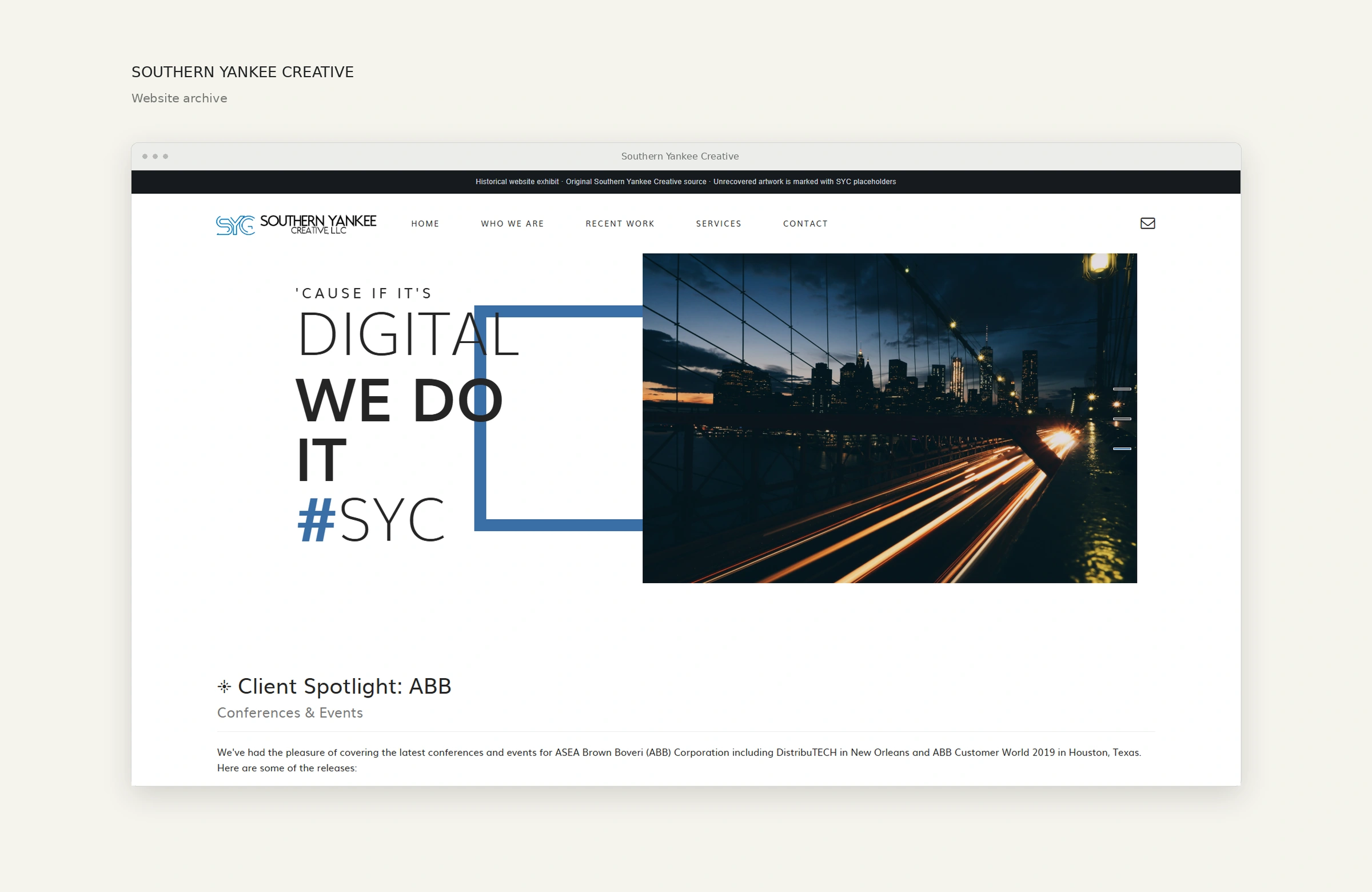 Southern Yankee Creative’s historical homepage, with its original logo, typography, and city imagery in a browser presentation