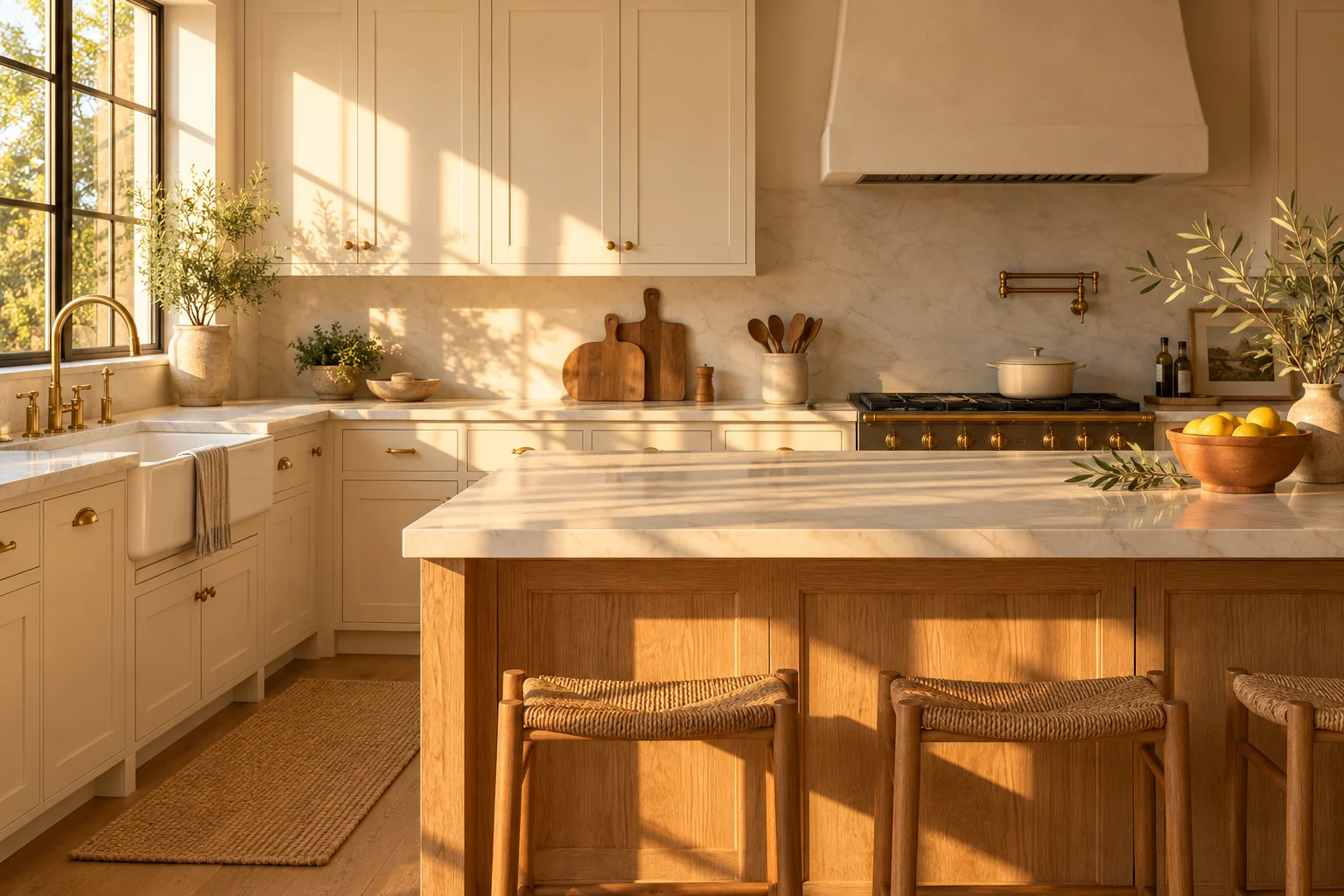 AI-created kitchen with a clear island in golden-hour sunlight