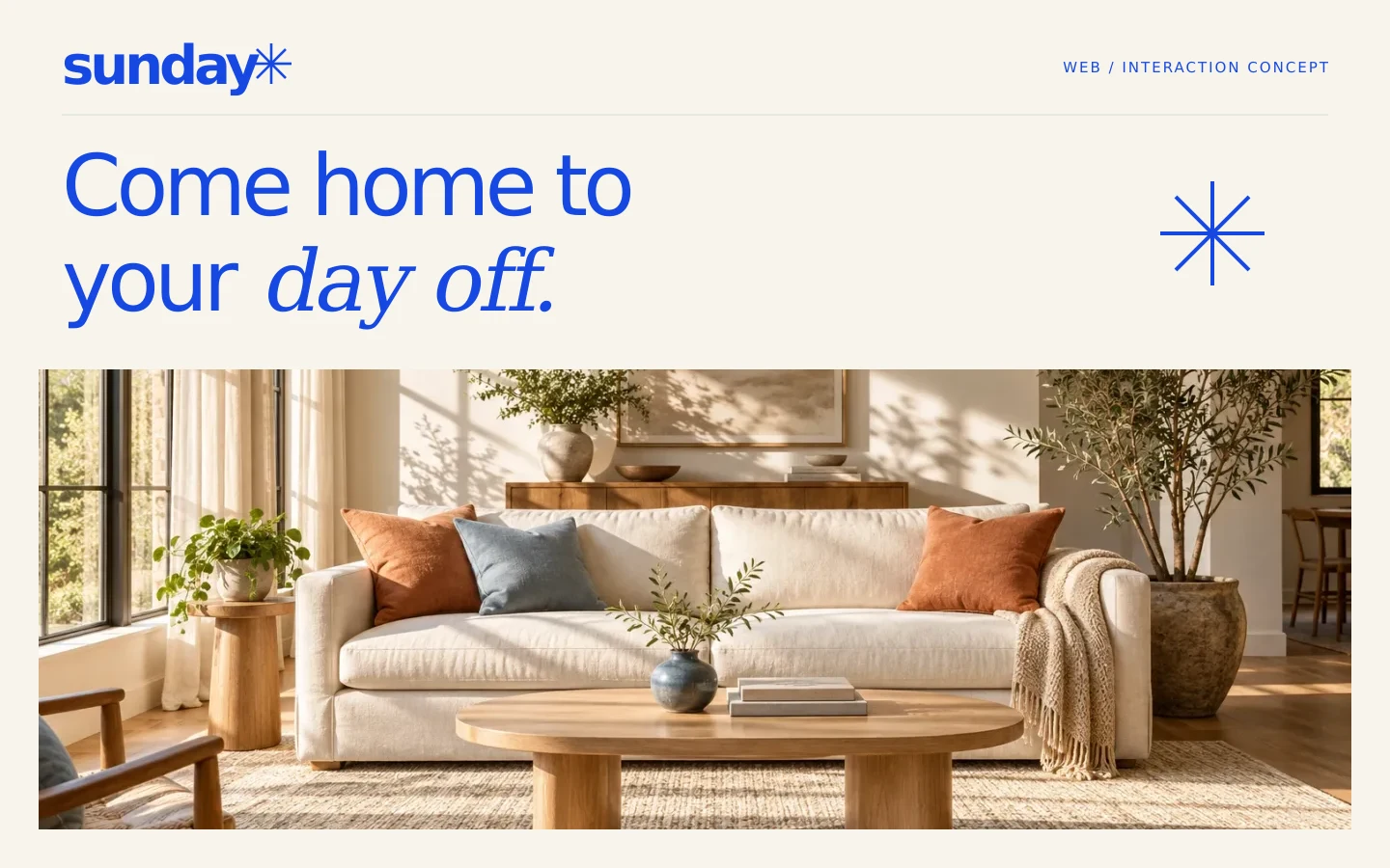 Sunday cleaning-service concept: cobalt wordmark, cream typography and a sunlit living room