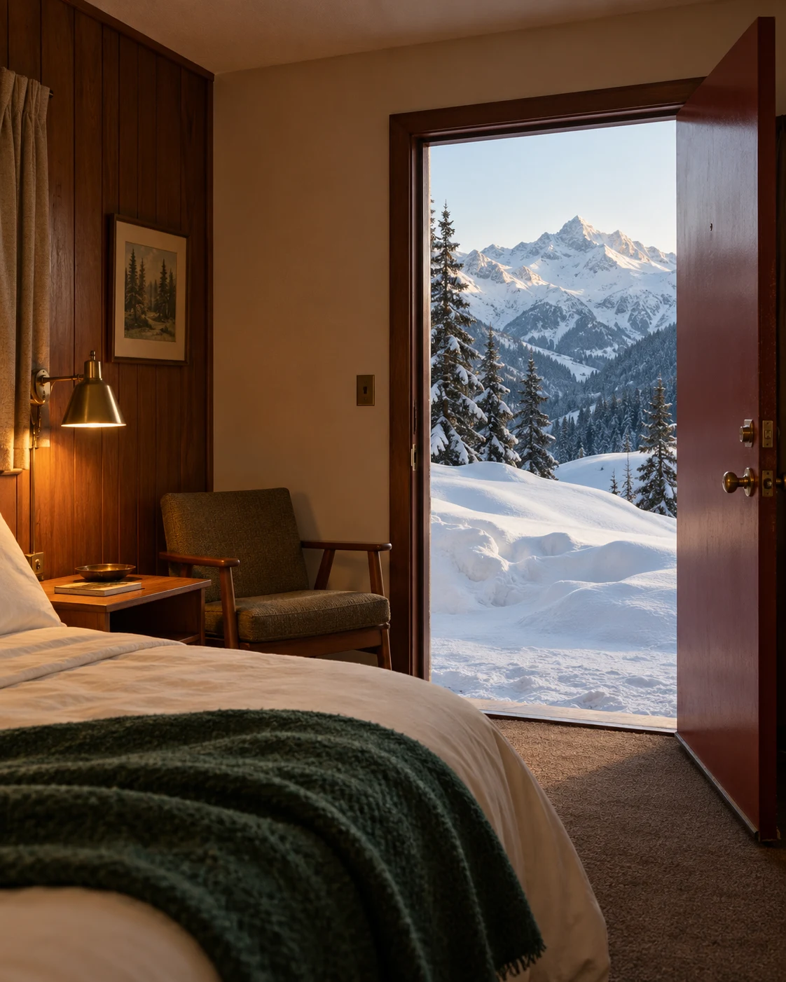 Alpine Room opening onto snowy mountains