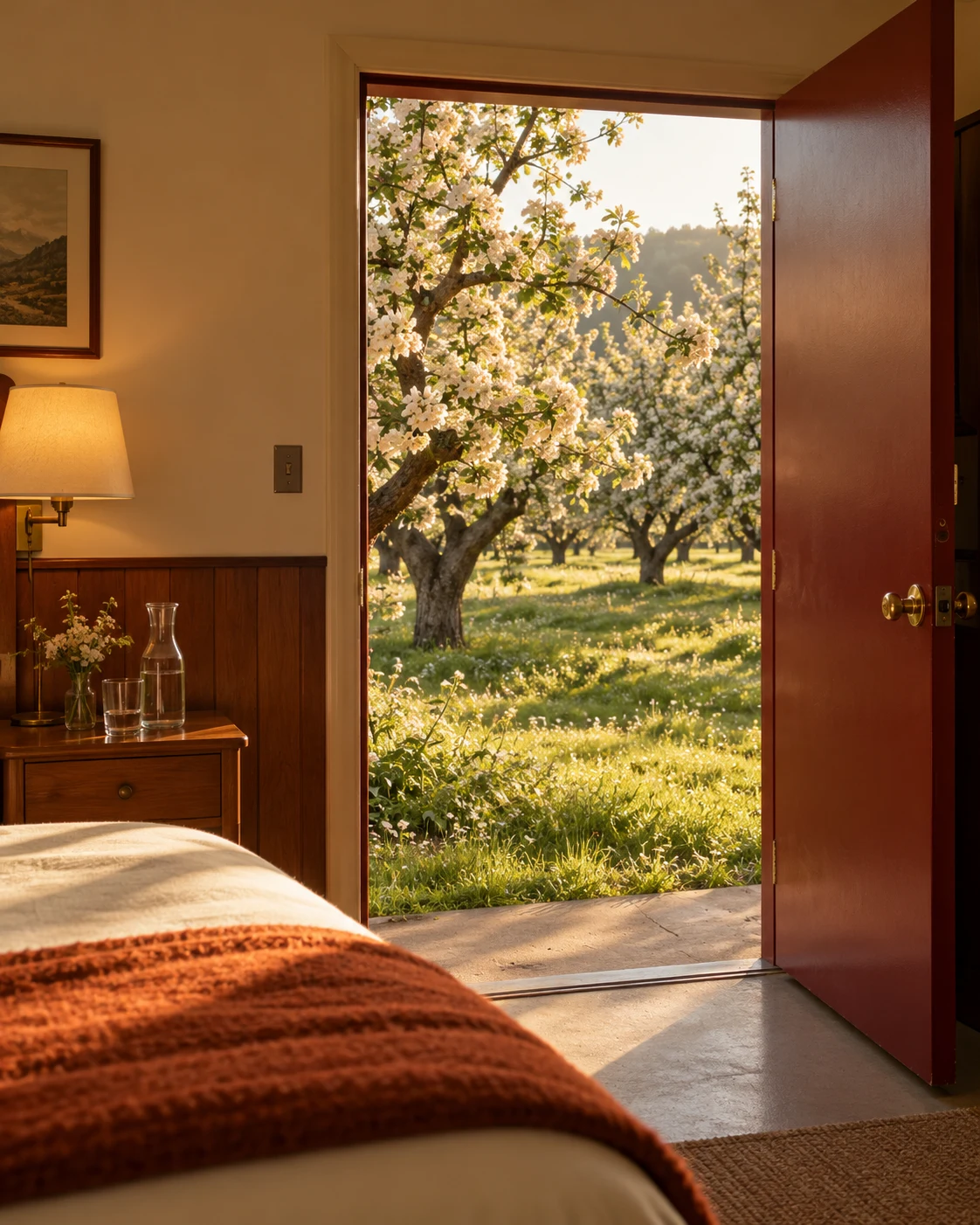 Orchard Room opening onto flowering trees