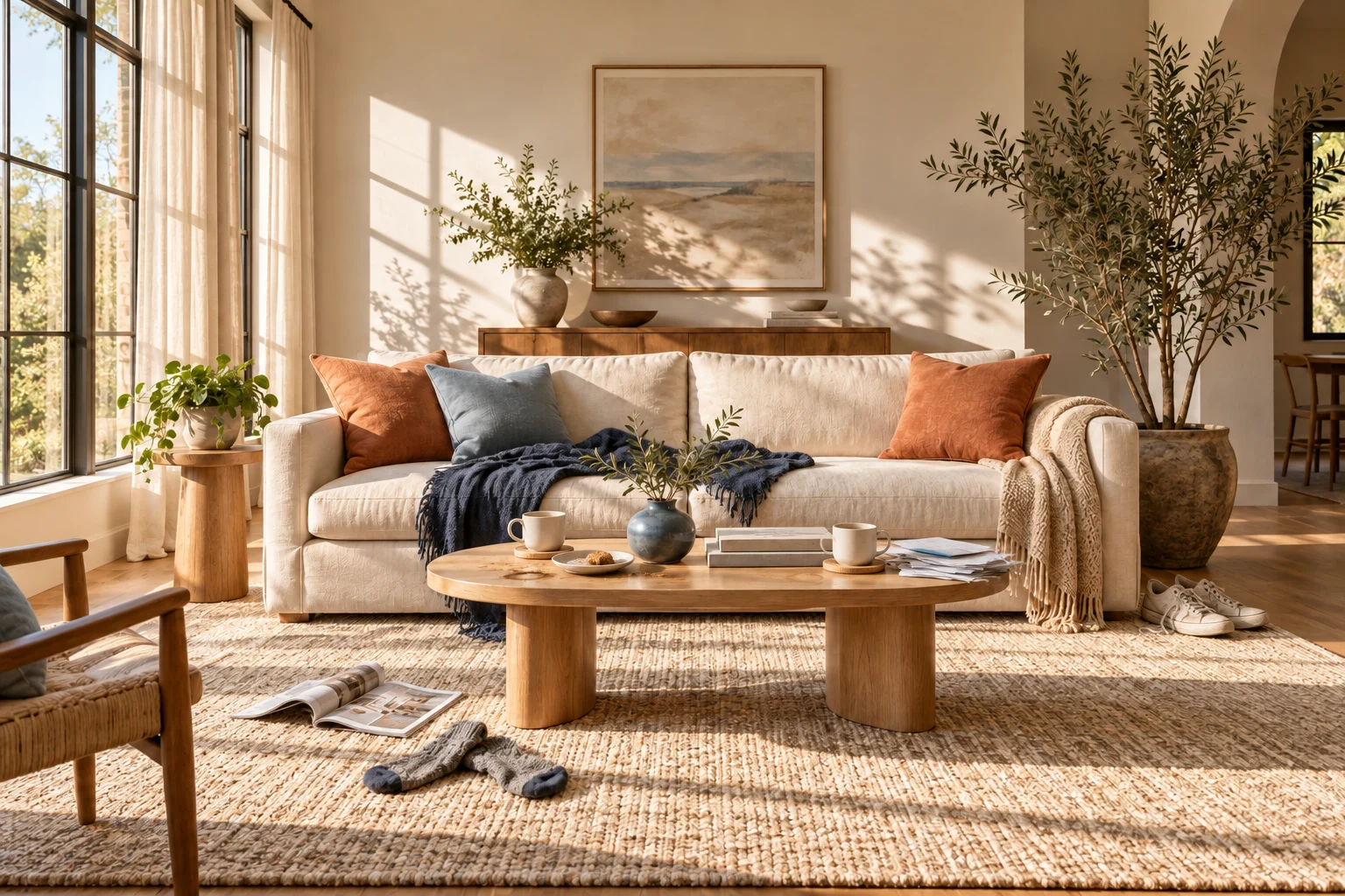 Sunlit living room before a reset, with mugs, mail and everyday clutter